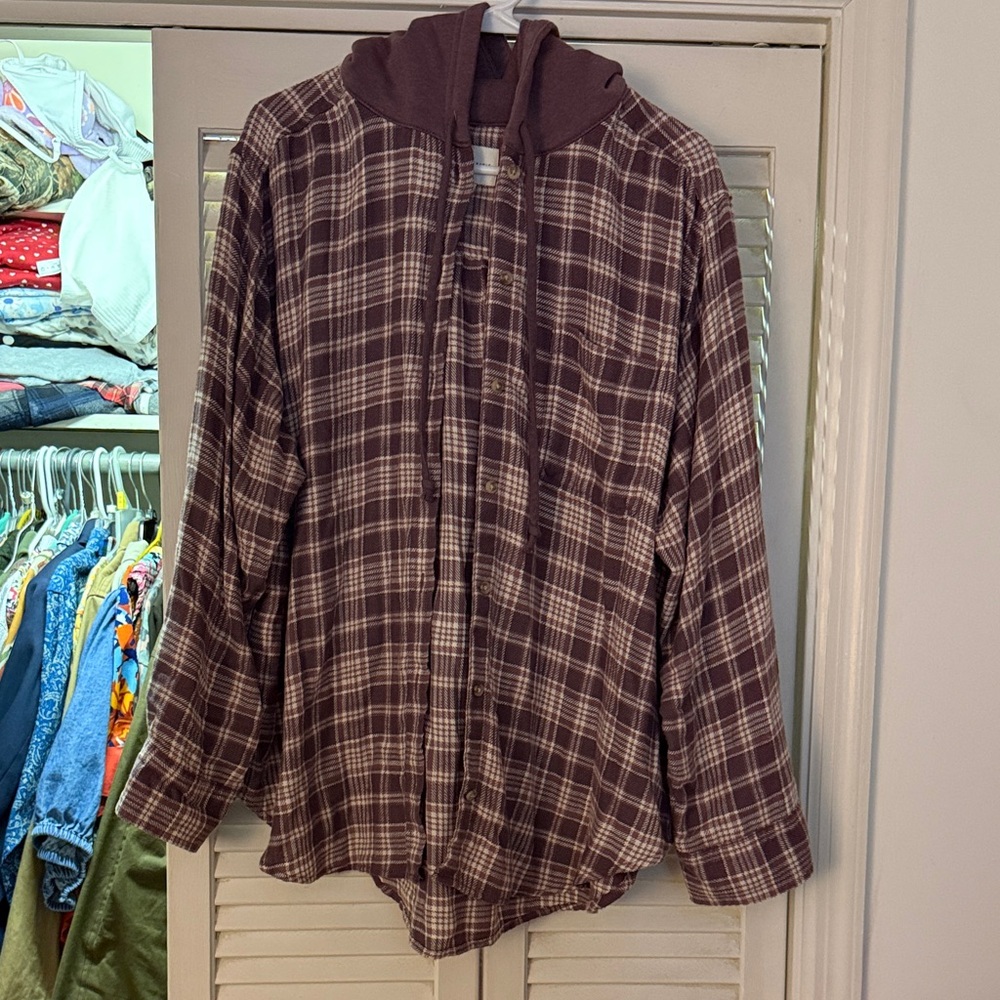 American Eagle Maroon Plaid Hooded Shacket